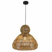 Modern 1-Light Matte Black Outdoor Coastal Boho 20 in. Scalloped Pendant Light for Patio with Beige Wicker Rattan Shade
