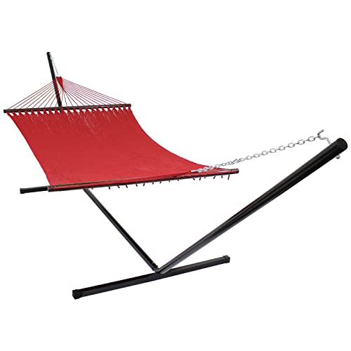 Sunnydaze XL Caribbean Rope 2-Person Hammock and Stand Combo, Red