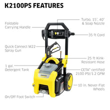 Kärcher Pressure Washer K2100PS, CETA Certified, 3 Spray Nozzles, Detergent Tank, for Cars, Driveways, Siding, Patios, 1.2 GPM