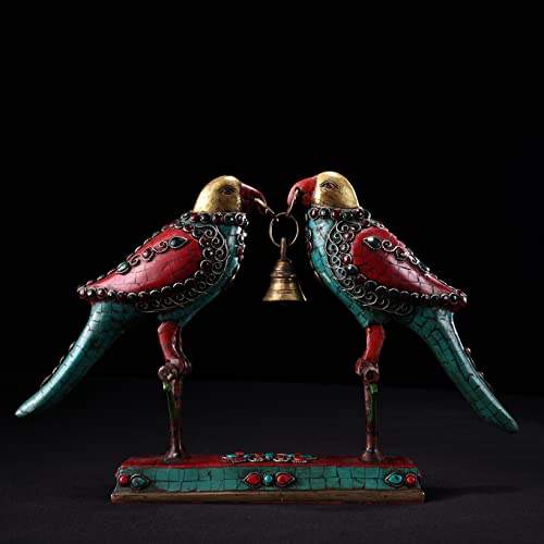 Generic 14" Tibetan Temple Collection Old Bronze and Gold Painted Gem Turquoise Bird Wind Chimes