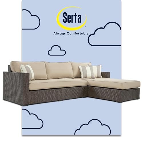 Serta Laguna Brown Wicker Outdoor Storage Sectional Sofa, Patio Furniture Set with Beige Cushions for Backyard or Deck