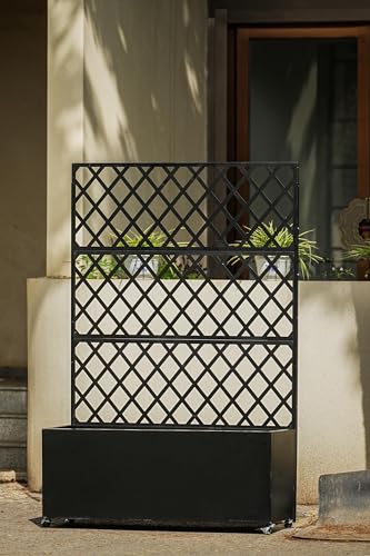 MOVECOM Steel Raised Garden Bed with Trellis & Privacy Screen - 71 in x46 in x16 in Planter Box with Lockable Casters & Drainage Holes for Vines, Vegetables On Patio, Deck or Yard, Black