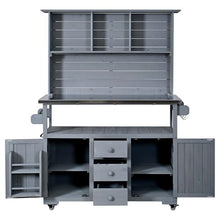 GDFStudio Preden Outdoor Storage Bench Table with Cabinet, Patio Wooden Potting Bench, Garden Storage Work Bench with Stainless Steel Top, Drawers, Cabinets, Shelves and Hooks, Kitchen Island, Gray