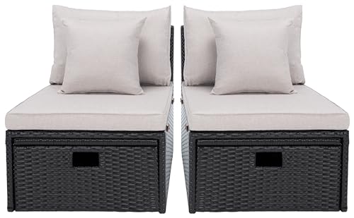 Safavieh Outdoor Collection Pramla Cushion Settee & Ottoman Set of 2 Black/Light Grey