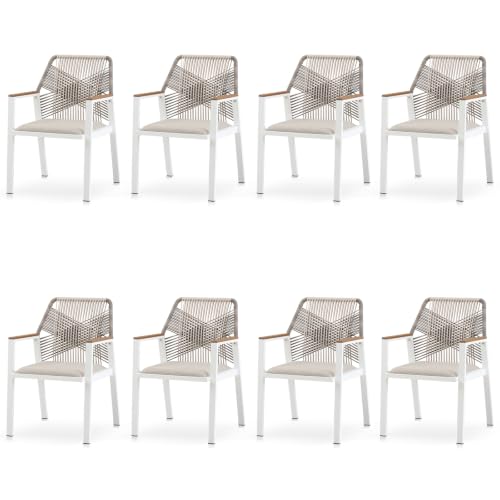 Aluminum Wicker Patio Dining Chairs Set of 8 with Built-in Cushions, 350lbs