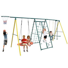 HaoKang 6-in-1 Metal Swing Set with Saucer, Belt, Glider, Net & Hoop Green