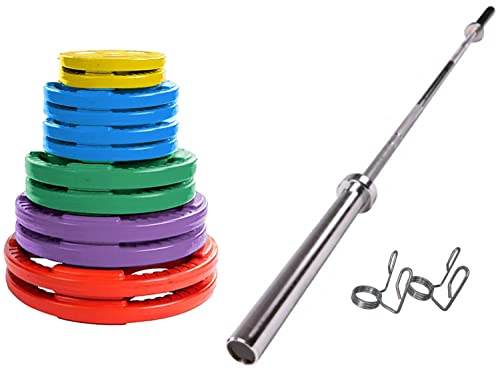 French Fitness Rubber Grip Weight Plate Set w/7 ft Olympic Bar 305 lbs