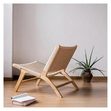 OUTIFUOSSR Nordic Solid Wood Single Leisure Chair Modern Simple Woven Lounge Outdoor Sofa Light Luxury Leather Saddle(Braided Rope)