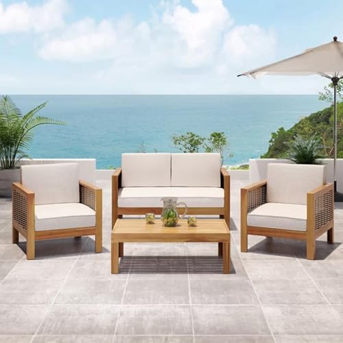 Acacia Wood Outdoor Club Chairs with Wicker Accents, Water-Resistant Cushioned Patio Seating Set with Slat Design, All-Weather Garden Furniture in Brown, Grey or Teak (Teak,LOVESEAT+2 CHAIR+TABLE)