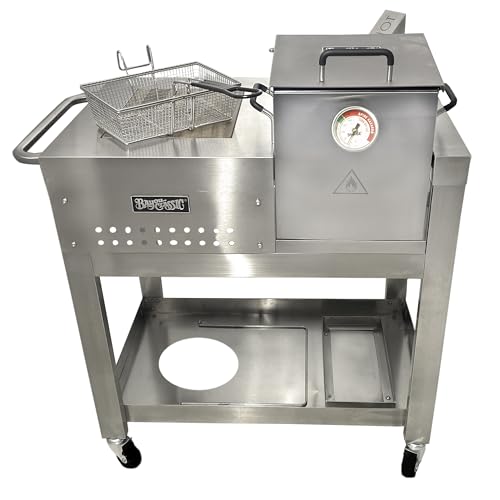 Bayou Classic 700-727 2.5-gal Stainless Bayou® Fryer Workstation Includes Mesh Basket Fry Thermometer Drain Valve High Pressure Regulator w/ 48-in Stainless Braided LPG Hose