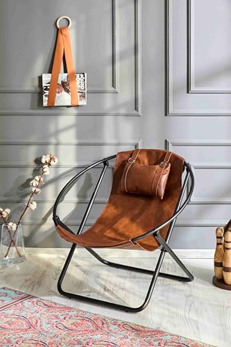 Mern Living Leather Folding Chair - Luxury Papasan Chair, Sling Accent Chair, Round Saucer Chair for Patio, Garden, Beach, Living Rooms and Bedrooms, Modern Furniture (Faux Leather, Brown)