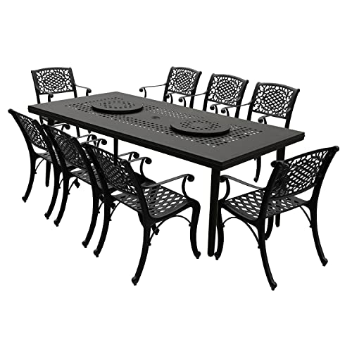 Oakland Living Modern Ornate Outdoor Mesh Aluminum 84-in Large Black Rectangular Patio Two Lazy Susans and Eight Chairs Dining Set