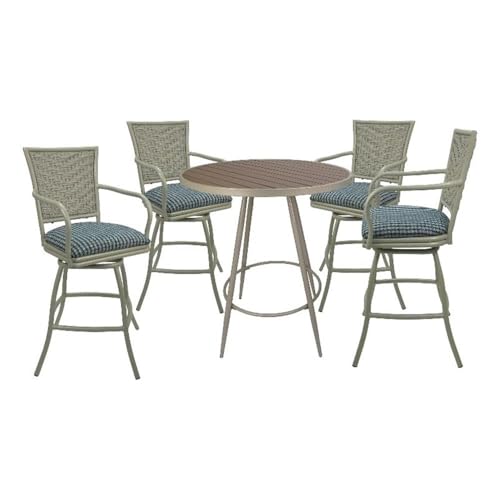 Pemberly Row Outdoor/Indoor Pub Set, 36" Round Table, 30" Bar Height Stools with Arms, Powder-Coated Beige Frame, Indigo Blue Fabric, UV-Resistant, Durable for Patio or Indoor Bar Spaces