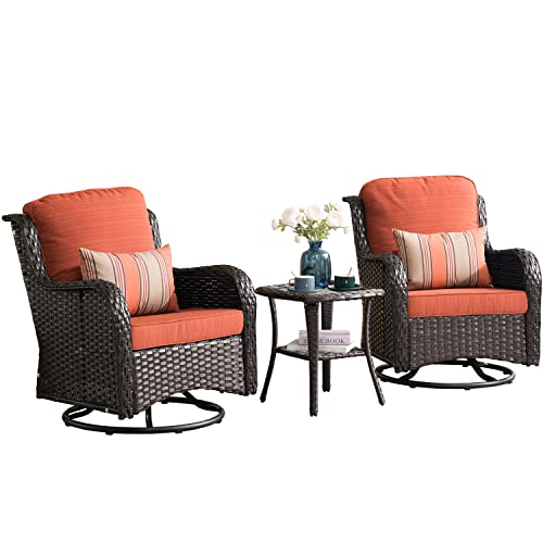 Generic Outdoor Furniture Set 3 Pieces Swivel Rocking Chairs Rattan Wicker Bistro Set with Side Table Orange Red