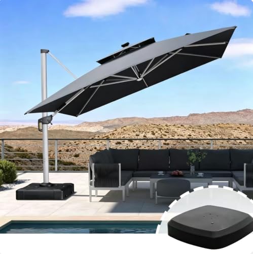 OROTLECT 13ft Cantilever Patio Umbrella with Solar LED Lights and Wheeled Base Offset Hanging Umbrella with Crank Lift Gray Polyester Canopy for Garden Deck Poolside Outdoor