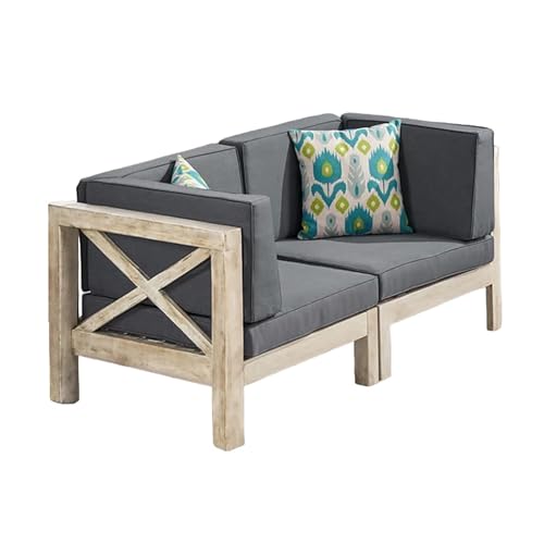 Benzara Nony Outdoor Loveseat, Detachable Acacia Wood Chairs Gray and Natural Brown