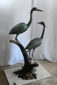 Nifao Heron Bird Pair on Driftwood Medium Bronze Statue, 25"L x 20"W x 52"H