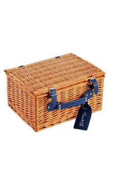 2-Person Picnic Basket Set, Handcrafted Wicker Picnic Basket with Handle and Lid, Includes Plastic Plates, Cups, Bowls, and Cutlery - Navy Blue