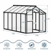 6x10 FT Greenhouse, Easy Assembly Aluminum Polycarbonate Greenhouses for Outdoors with Roof Vent, Large Aluminum Walk-in Greenhouse for Sunroom Patio, Backyard, Garden, Sliding Lockable Door, Black