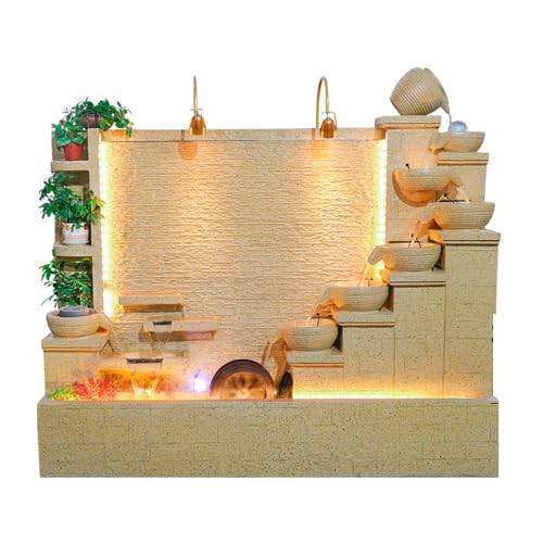 Elegant Stone Waterfall Fountain with LED Lights and Planter Shelves – Dual Sides for Indoor and Outdoor Zen Garden Decoration, 63 inch-79 inch Height Options(B+Beige)