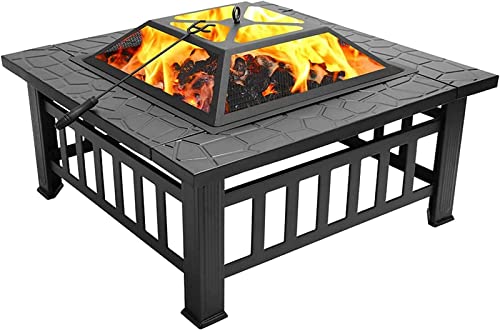 Garden Fire Pit Grill Bowl Grill Barbecue Rack with Grill Shelf, for Barbecue, Heater, Ice Pit, Metal Brazier Camping Bowl for Garden Patio Outdoor, Protective Cover,Square (Square)