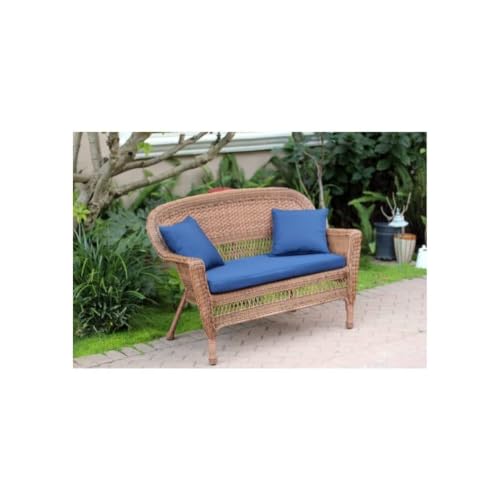 Honey Wicker Patio Love SEAT with Blue Cushion and Pillows
