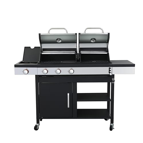 3-Burner Propane & Charcoal Hybrid BBQ Grill - 37230 BTU Stainless Steel Outdoor Grill with Side Burner, Enameled Cast Iron Grids, Lockable Casters & Built-In Thermometer