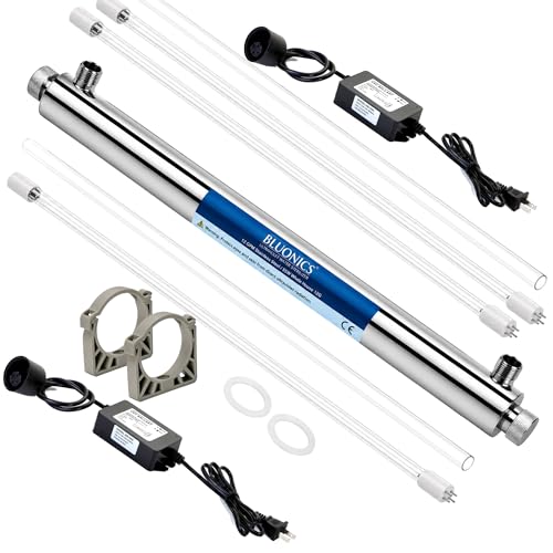Whole House UV Water Filter System 12 GPM – 55W Stainless Steel UV Light – LED Indicator & Alarm – Well & City Water – Includes 2 Extra Bulbs, Ballast & Quartz Sleeve – Bluonics