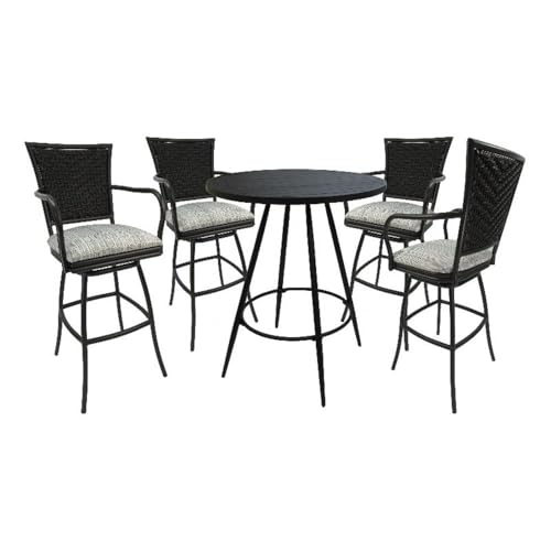 Pemberly Row Outdoor/Indoor Pub Set, 36 in Round Black Table, 30 in Bar Height Stools with Arms, Powder-Coated UV Frame, Natural Fun Beige Fabric, Durable Design for Patio or Bar Use