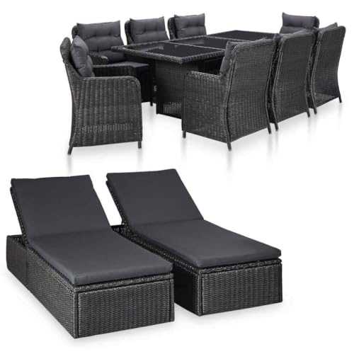LPERTGFHU 11 Piece Patio Dining Set with Poly Rattan, Black Outdoor Garden Table and 8 Chairs with 2 Sunloungers, Weather-Resistant Furniture for Backyard
