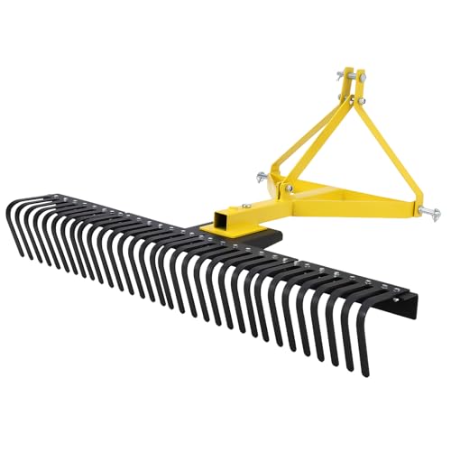 Hipicute 5 Ft Landscape Rock Rake, 3 Point Attach Rake with 360 Degree Rotation Tow-Behind Garden Tool for Compact Tractors, Category 1
