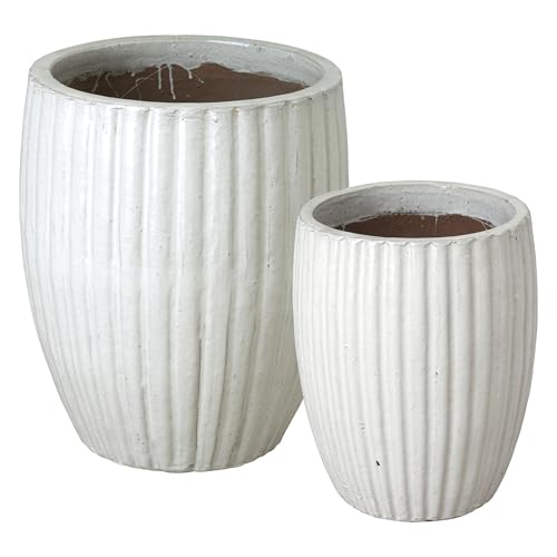 Emissary Home and Garden 21in. L x 25in. H Distressed White Stoneware Round Planters with High-fire Treatment (Set of 2)
