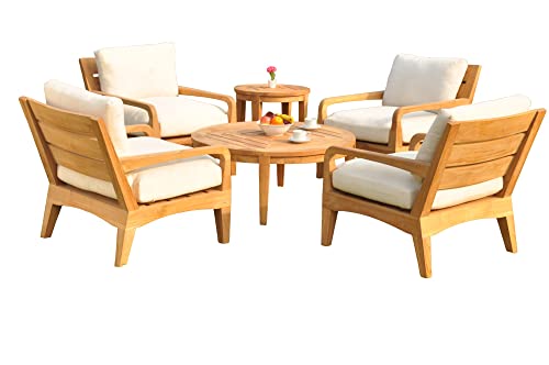 WholesaleTeak Noida 6 Pc Lounge Chair Set: 4 Lounge Chairs, 42" Round Coffee Table & Round Side Table with Cushions in Sunbrella Fabric #57003 Canvas White #12NO6
