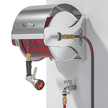 FKTHYO Wall Mounted Water Hose Reel with Garden Hose, Hand Crank Retractable Stainless Steel Hose Reel Swivel Bracket Hose Storage Holder with 9 Pattern Hose Nozzle and Hose Connector (30M Hose)