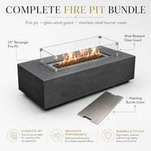 Golden Flame 55" Rectangle Beton Concrete Gas Fire Pit Bundle with Stainless Steel Burner Cover & Glass Wind Guard, 65,000 BTU Outdoor Fire Table, Push Button Ignition, Lava Rock Included - Graphite
