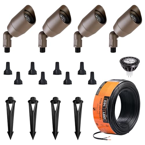 VISTA 4 Pack Cast Aluminum Landscape Spotlights, Low Voltage Landscape Lighting, 100FT 14/2 Landscape Wire, Spot Lights Outdoor with 4.5W MR16 LED Bulb for Yard, Garden, Lawn, Tree (Bronze)
