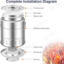 Portable Smokeless Barbecue Charcoal Barrel Grill, Stainless Steel Surround Charcoal kebab Grill with 28 Skewers and BBQ Grill Cooking Grate for Family Gathering