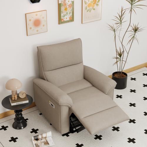 KEIKI Wall Hugger Recliner Chair, Zero Wall Electric Recliner Chairs with USB Port， Electric Recliner for Living Room, Fabric Reclining Armchair for Small Space, Brown
