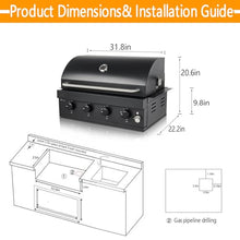 4-Burner Built-In Gas Grill, 30 Inch Super large barbecue area with 48,000 BTUs, Dual Fuel Charcoal & Gas Compatibility,Outdoor Kitchen Temperature Gauge