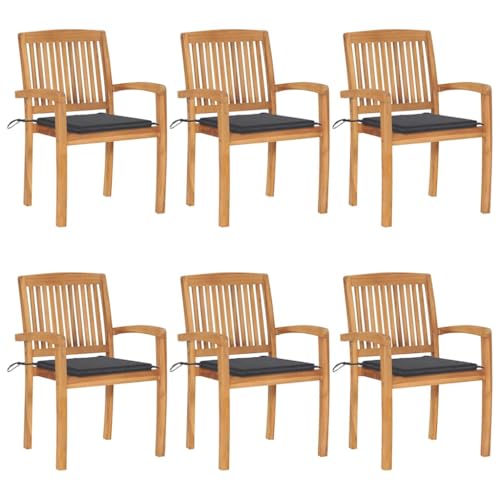YUTAASU Teak Wood Stackable Garden Chair Set of 6 with Cushions for Outdoor Dining and Patio Seating