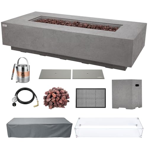 AMS 72" Rectangular Concrete Propane Gas Fire Pit Table Bundle, Light Gray