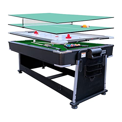 RACK Triad 7-Foot 3-in-1 Multi Game Swivel Billiard/Pool Table Green Felt With Black Body