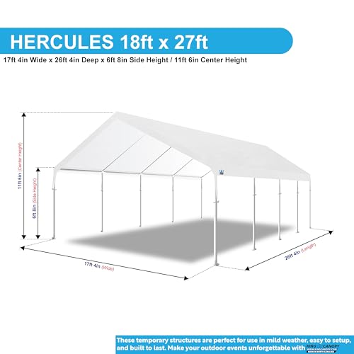 King Canopy Hercules 18x27 Feet Carport 10-Leg Hammertone Steel Frame White