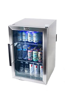 Mont Alpi Premium 27"H x 18.5"D x 17.5"D Stainless Steel All Weather Outdoor Refrigerator 2.7 cu. ft. Glass Door Fridge with Temperature Control + Lockable Door + Adjustable Shelves + Blue Lighting