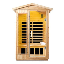 GDFStudio 58.27" 2 Person Outdoor Far Infrared Sauna Old Fir Cabin 1750W 6 Panel Heater 110V/120V Waterproof Exterior Bluetooth Audio LED Lighting Glass Door Home Spa Room