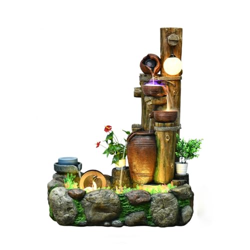 Rustic Rock Water Fountain with LED Lights and Planter Accents – Indoor/Outdoor Cascading Waterfall Feature for Home or Garden Decor(2243)