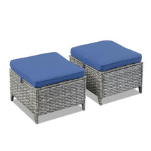 Seeheool Outdoor PE Wicker Ottomans Set of 2, Patio Gray Rattan Footrests with Blue Cushions for Backyard or Deck