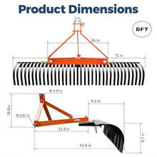 ActiveTrail 6 FT Landscape Rake for Tractors,3 Point Rake for Tractor Rock Rake with 37 Steel Tines and 360 Degree Rotation, Suitable for Category 1 and 2 Tractor,Orange