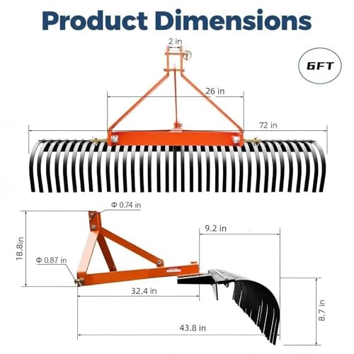 ActiveTrail 6 FT Landscape Rake for Tractors,3 Point Rake for Tractor Rock Rake with 37 Steel Tines and 360 Degree Rotation, Suitable for Category 1 and 2 Tractor,Orange