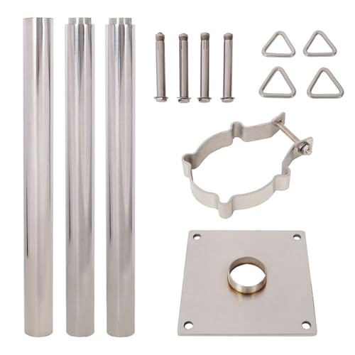 GRERON 8FT Sun Shade Sail Pole, 304 Stainless Steel Shade Sail Post with Base Plate, Adjustable Triangular Ring Clamp System, Heavy Duty Canopy Pole Kit for Patio, Backyard, Garden & Deck, Silver
